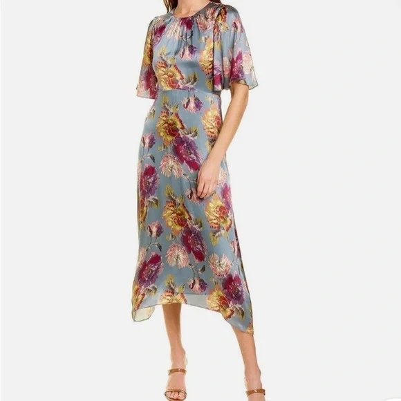 Rebecca Taylor 100% silk Floral romantic Maxi Dress in Blue and Purple